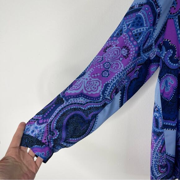 Jones NY blue purple pleated chiffon lightweight abstract button front top XL - Picture 4 of 7